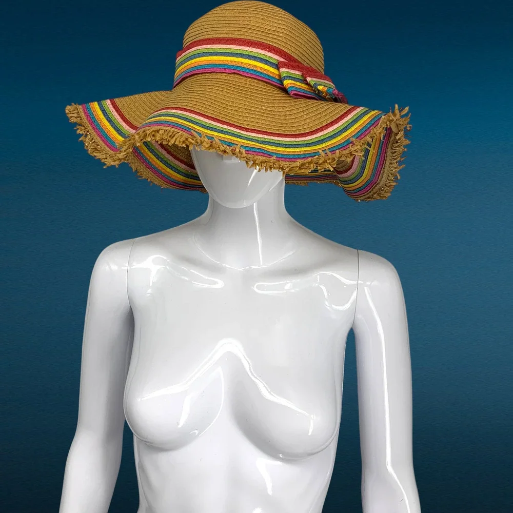 Betsey Johnson Rainbow Ribbon Floppy Sun Hat Wide Brim Straw Beach O/S Adjusts